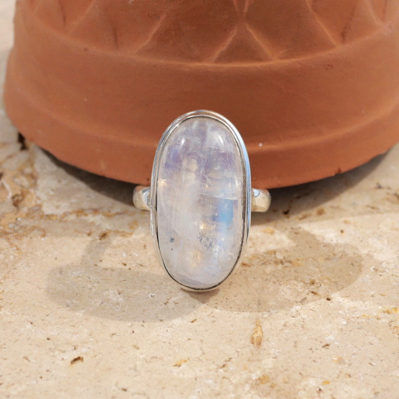 Bague pierre ovale Pierre de lune et argent T58