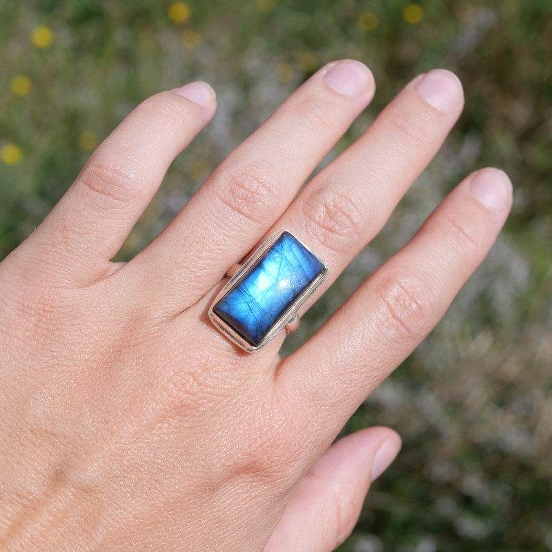 Bague pierre rectangulaire Labradorite et argent T57
