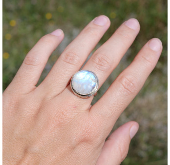 Bague pierre ronde Pierre de lune et argent double T57