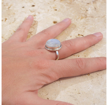 Bague pierre ronde Pierre de lune et argent double T57