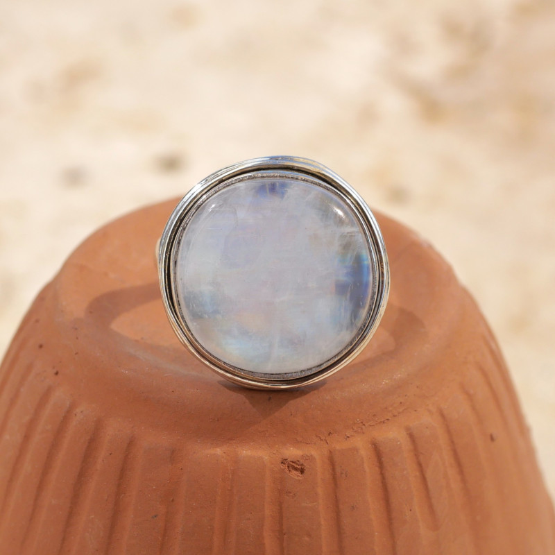 Bague pierre ronde Pierre de lune et argent double T57