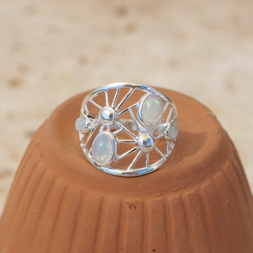 Bague large ajourée argent et 4 pierres Opale d'Ethiopie T57