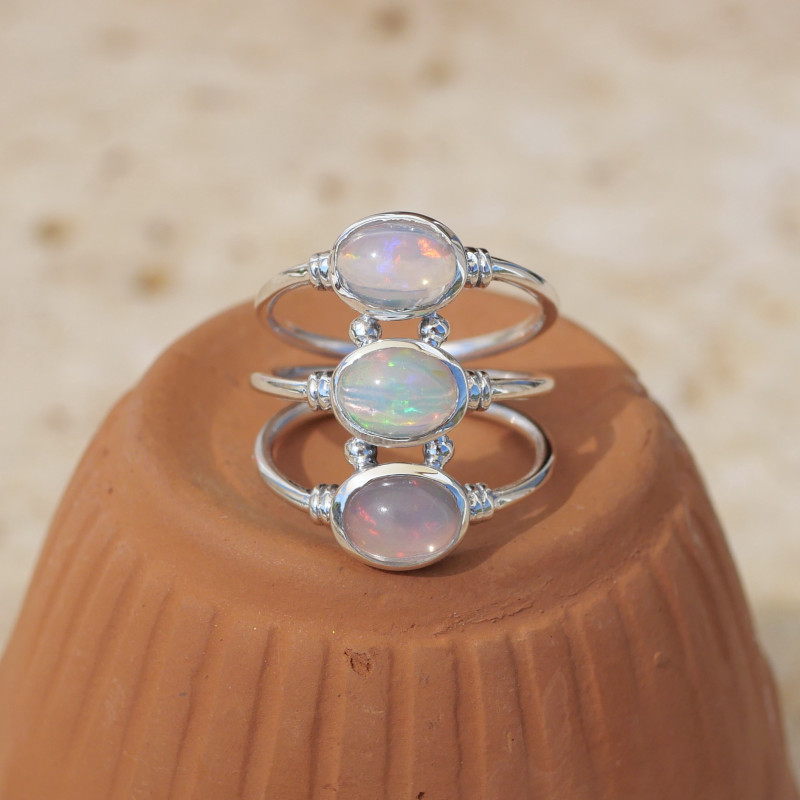 Bague 3 anneaux argent et pierres Opale d'Ethiopie T57/61