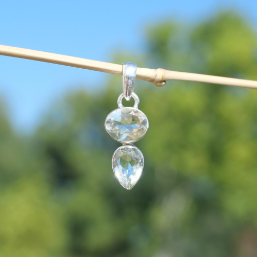 Pendentif argent 2 pierres Prasiolite ovale et goutte