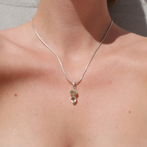 Pendentif argent 2 pierres Prasiolite ovale et goutte
