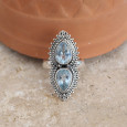 Longue bague 2 pierres Topaze bleue gouttes argent ciselé T56