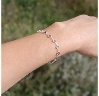 Bracelet fin argent et 14 petites pierres rondes Tourmaline