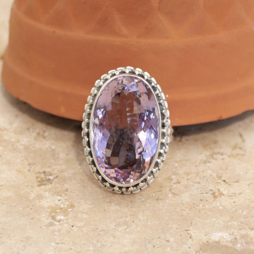 Grosse bague ovale pierre Améthyste et argent ciselé T58 réglable