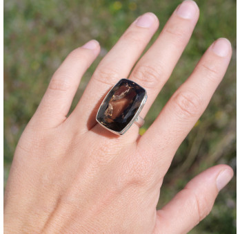 Grosse bague haute en argent et grosse pierre Quartz fumé T56