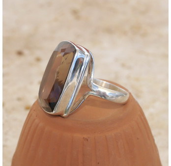 Grosse bague haute en argent et grosse pierre Quartz fumé T56