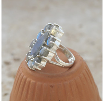 Bague argent 10 pierres griffées en Labradorite T55 réglable