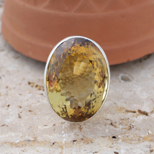 Grosse bague haute en argent et grosse pierre Citrine T55