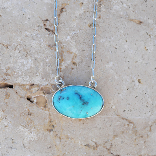Collier chaîne argent et pendentif ovale en Turquoise