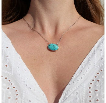Collier chaîne argent et pendentif ovale en Turquoise