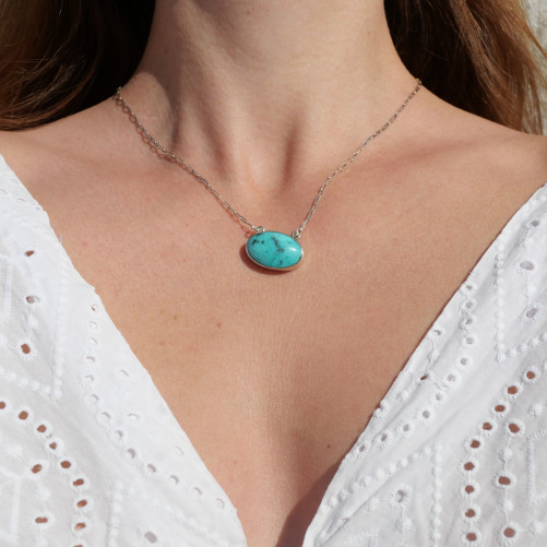 Collier chaîne argent et pendentif ovale en Turquoise