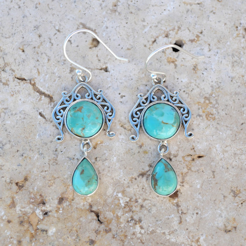 Boucles d'oreilles pendantes argent ajouré et Turquoise