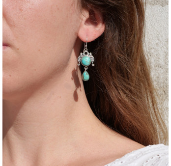 Boucles d'oreilles pendantes argent ajouré et Turquoise