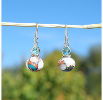 Boucles 2 pierres Topaze bleue et Turquoise oyster (bleu) (orange)
