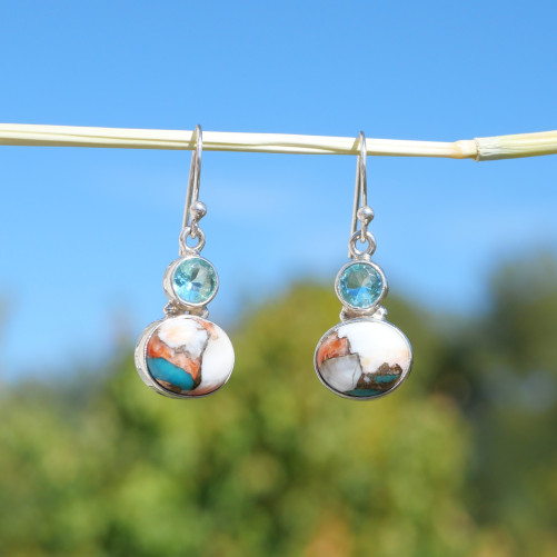 Boucles 2 pierres Topaze bleue et Turquoise oyster (bleu) (orange)