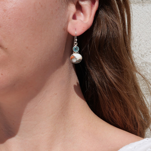 Boucles 2 pierres Topaze bleue et Turquoise oyster (bleu) (orange)