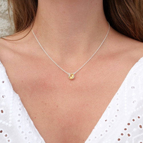 Collier fin chaine argent et pierre ronde en Citrine