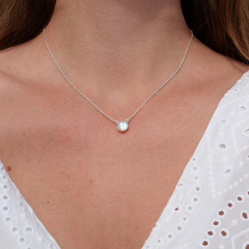 Collier fin chaine argent et pierre ronde en Pierre de lune