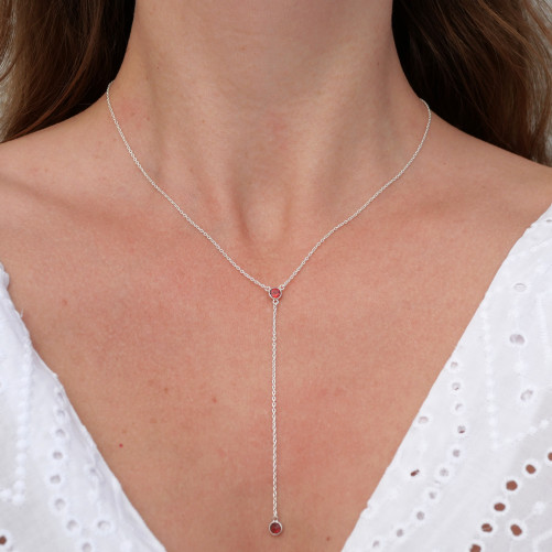 Collier cravate argent et 2 petites pierres en Grenat