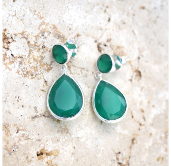 Grandes boucles gouttes en argent et 2 pierres Agate verte facettées