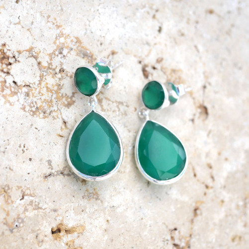 Grandes boucles gouttes en argent et 2 pierres Agate verte facettées