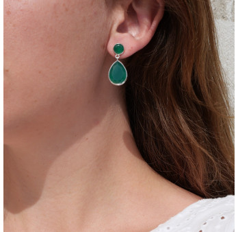 Grandes boucles gouttes en argent et 2 pierres Agate verte facettées
