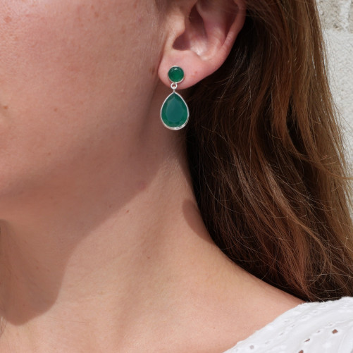 Grandes boucles gouttes en argent et 2 pierres Agate verte facettées