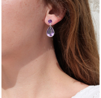 Grandes boucles en argent et 2 pierres facettées en Améthyste