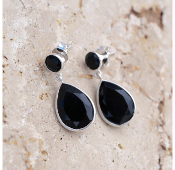 Grandes boucles en argent et 2 pierres facettées en Onyx noir