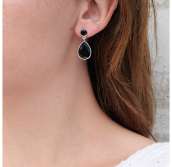 Grandes boucles en argent et 2 pierres facettées en Onyx noir