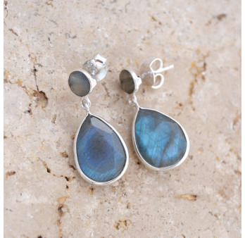 Grandes boucles en argent et 2 pierres facettées en Labradorite