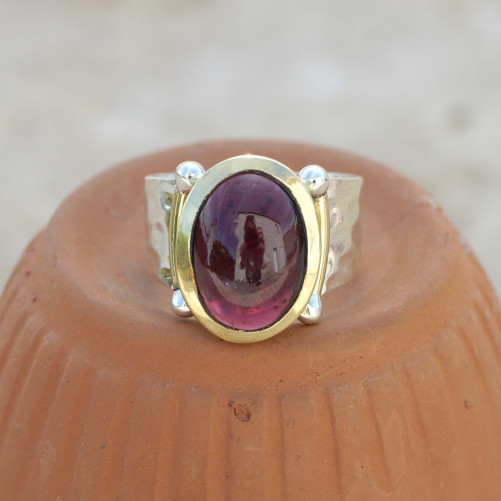 Bague argent martelé laiton doré pierre ovale en pierre Grenat T53/56