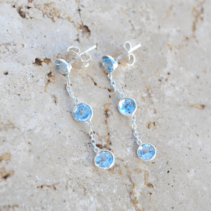 Longues boucles argent et 3 pierres Topaze bleue