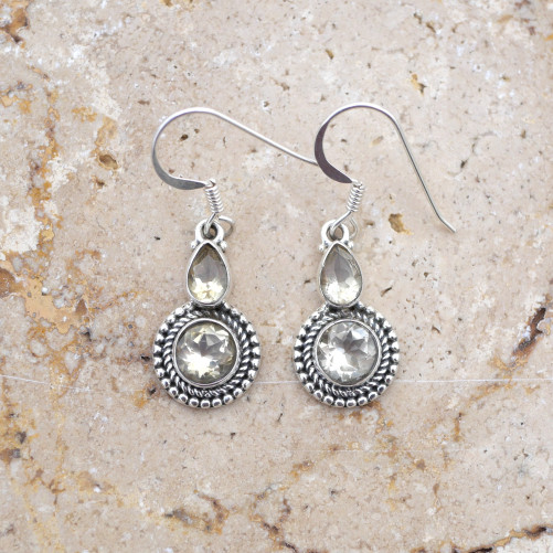 Petites boucles argent ciselé et 2 pierres Citrine ronde