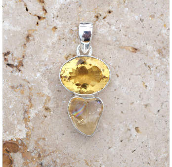 Pendentif en argent 2 pierres brute et facettée en Citrine
