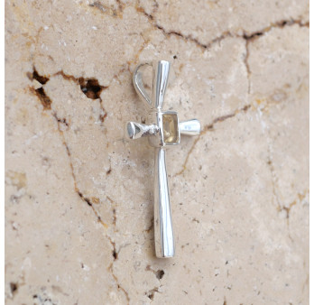 Petit pendentif croix fine en argent et pierre Citrine