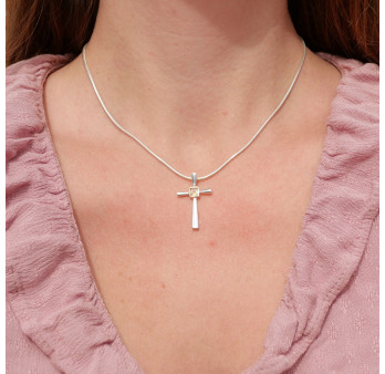 Petit pendentif croix fine en argent et pierre Citrine