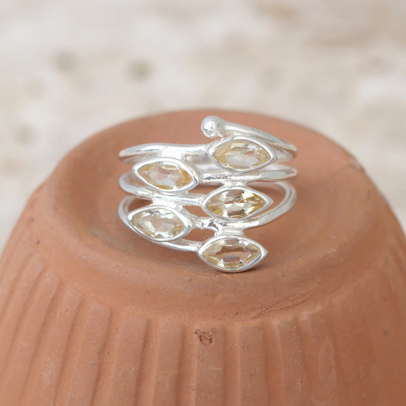 Bague multi anneaux argent et 5 pierres navettes en Citrine T54