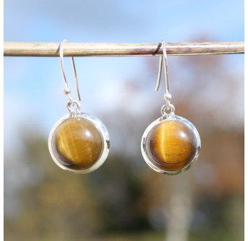 Boucles d'oreilles rondes Oeil de tigre et argent
