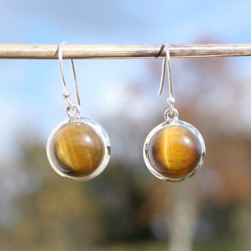 Boucles d'oreilles rondes Oeil de tigre et argent