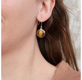 Boucles d'oreilles rondes Oeil de tigre et argent
