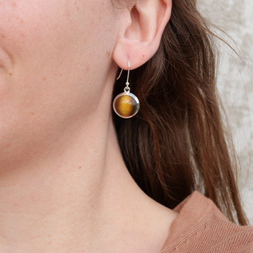 Boucles d'oreilles rondes Oeil de tigre et argent