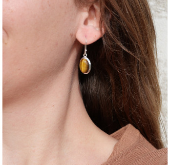 Boucles d'oreilles ovales Oeil de tigre et argent