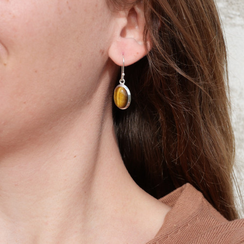 Boucles d'oreilles ovales Oeil de tigre et argent