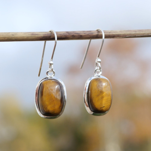 Boucles d'oreilles rectangulaires Oeil de tigre et argent