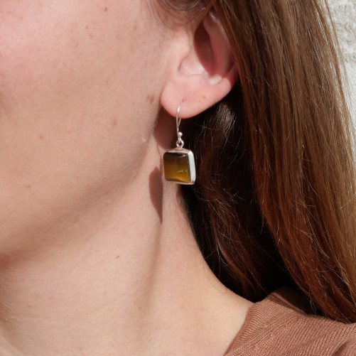 Boucles d'oreilles carrées Oeil de tigre et argent